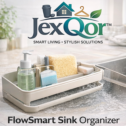 JexQor™ FlowSmart Sink Organizer with Built-in Drain Tray & Soap Pump